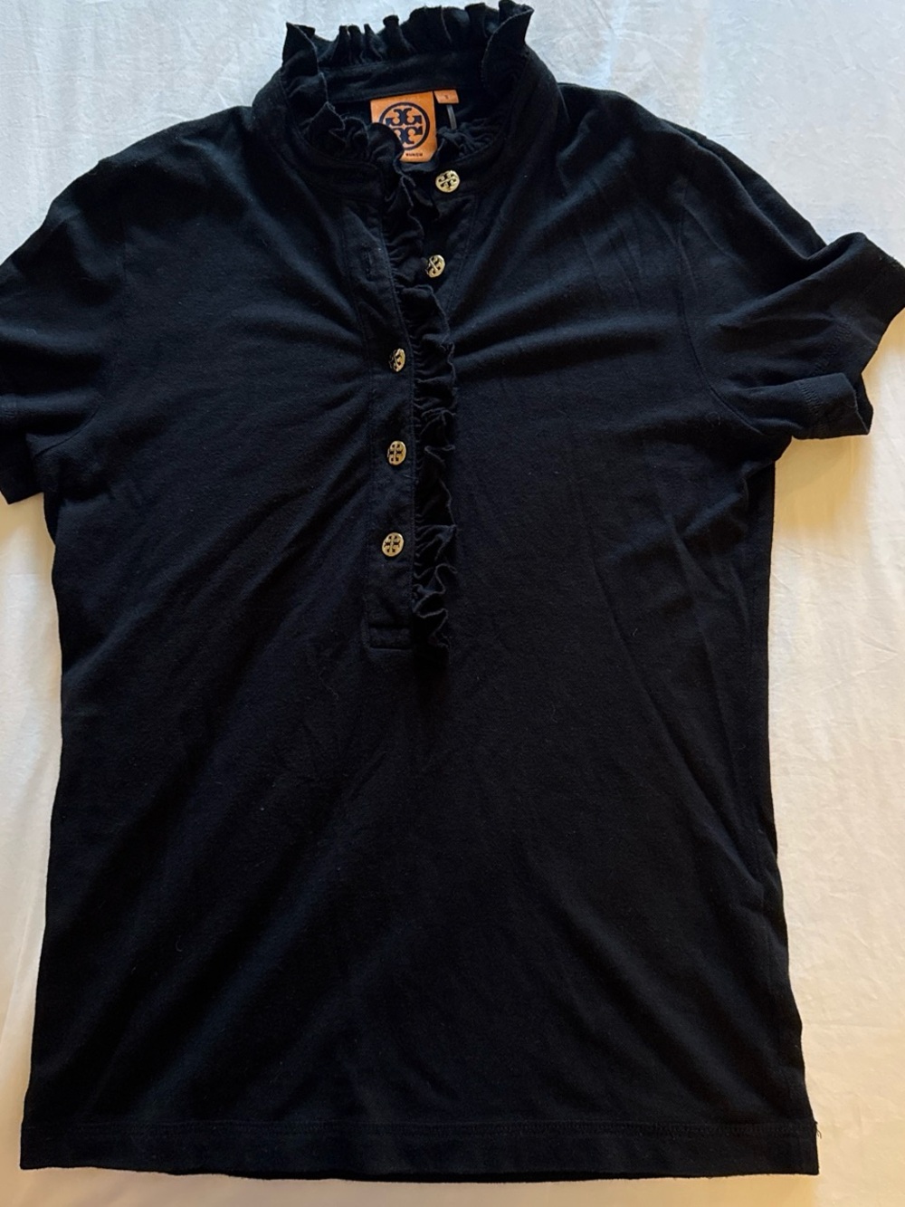 Tory Burch Black Ruffle-Trim Polo with Logo Buttons